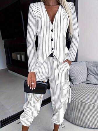 Women Casual Minimalist Line Pattern 2 Pieces Pants Set