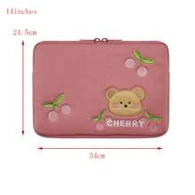 便携式粉色樱桃电脑包，卡通刺绣熊便携式笔记本电脑内胆包，大容量保护套，适用于 11/14 英寸苹果笔记本，秋季大学必备笔记本电脑包，女士 Mac Book 保护套，返校 - 粉色 - 查看 15