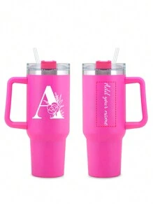 1 pezzo Borraccia personalizzata in acciaio inossidabile da 40 once con stampa di lettere dall'A alla Z, con cannuccia e coperchio, tazza da viaggio portatile per latte e caffè, regalo per vacanze, damigella d'onore, sposa, per famiglia e amici - Fucsia - Visualizzare 11