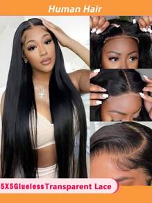 Peluca de cabello humano con encaje transparente sin pegamento de 5x5 pulgadas, cabello virgen de alta densidad al 150% para mujeres