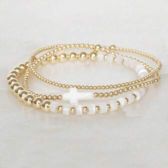 1/3PCS/Set Bohemian Classic Minimalist Gold Bead Set, Elastic 18K Gold Plated Cross Gold Bead Bracelet, Stacked Gold Bead Set, Gold Bead Bracelet, Classic Minimalist Gold Bead Bracelet, Minimalist Fashion Personalized, Perfect Gift For Her, Valentine's Day Gift, Anniversary Gift, Wedding Gift, Mother's Day Gift, Friend Gift