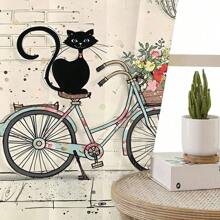 2 Stück Vorhänge mit schwarzer Katze und Fahrrad Motiv im frischen, einfachen Stil - Gardinenaufhängung mit Schlaufen für Privatsphäre und einfache Installation im Schlafzimmer, Wohnzimmer, Bad und anderen Räumen