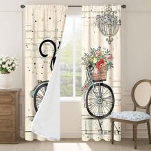 2 Stück Vorhänge mit schwarzer Katze und Fahrrad Motiv im frischen, einfachen Stil - Gardinenaufhängung mit Schlaufen für Privatsphäre und einfache Installation im Schlafzimmer, Wohnzimmer, Bad und anderen Räumen