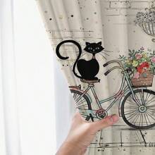 2 Stück Vorhänge mit schwarzer Katze und Fahrrad Motiv im frischen, einfachen Stil - Gardinenaufhängung mit Schlaufen für Privatsphäre und einfache Installation im Schlafzimmer, Wohnzimmer, Bad und anderen Räumen