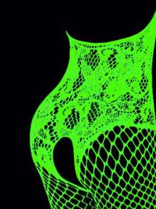 1pc Women Green Glow-In-The-Dark Fishnet Stockings, Sheer Fishnet Tights Glowing In Dark, Bodystocking Hollow Fishnet Design, Sexy Clubwear For Halloween, Christmas, Music Festivals, Parties, Night Out - 白色 - 查看 4