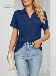 Summer Navy Blue Solid Polo Neck Short Sleeve Shirts For Women, V-Neck Curved Hem Casual Blouse With Chest Pocket - 藏蓝色 - 查看 5
