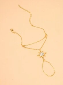 STONEFANS 1pc Adjustable Gold Hexagram Rhinestones Linked Finger Bracelet, And Stylish - Gold - View 3