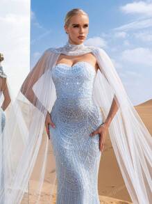 Gorgeous Strapless Mermaid Hem Beaded Formal Dresses & Evening Gowns With Mesh Cape Two-Piece Set, Party Dress, Wedding Guest Dress