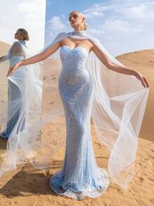 Gorgeous Strapless Mermaid Hem Beaded Formal Dresses & Evening Gowns With Mesh Cape Two-Piece Set, Party Dress, Wedding Guest Dress
