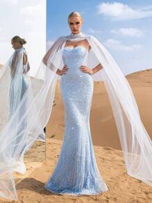 Gorgeous Strapless Mermaid Hem Beaded Formal Dresses & Evening Gowns With Mesh Cape Two-Piece Set, Party Dress, Wedding Guest Dress