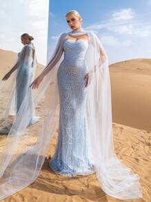 Gorgeous Strapless Mermaid Hem Beaded Formal Dresses & Evening Gowns With Mesh Cape Two-Piece Set, Party Dress, Wedding Guest Dress