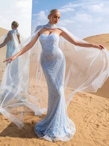 Gorgeous Strapless Mermaid Hem Beaded Formal Dresses & Evening Gowns With Mesh Cape Two-Piece Set, Party Dress, Wedding Guest Dress