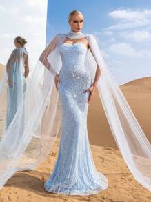 Gorgeous Strapless Mermaid Hem Beaded Formal Dresses & Evening Gowns With Mesh Cape Two-Piece Set, Party Dress, Wedding Guest Dress