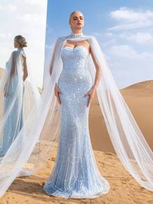 Gorgeous Strapless Mermaid Hem Beaded Formal Dresses & Evening Gowns With Mesh Cape Two-Piece Set, Party Dress, Wedding Guest Dress