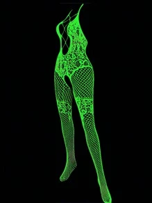 1pc Women Green Glow-In-The-Dark Fishnet Stockings, Sheer Fishnet Tights Glowing In Dark, Bodystocking Hollow Fishnet Design, Sexy Clubwear For Halloween, Christmas, Music Festivals, Parties, Night Out - 白色 - 查看 5