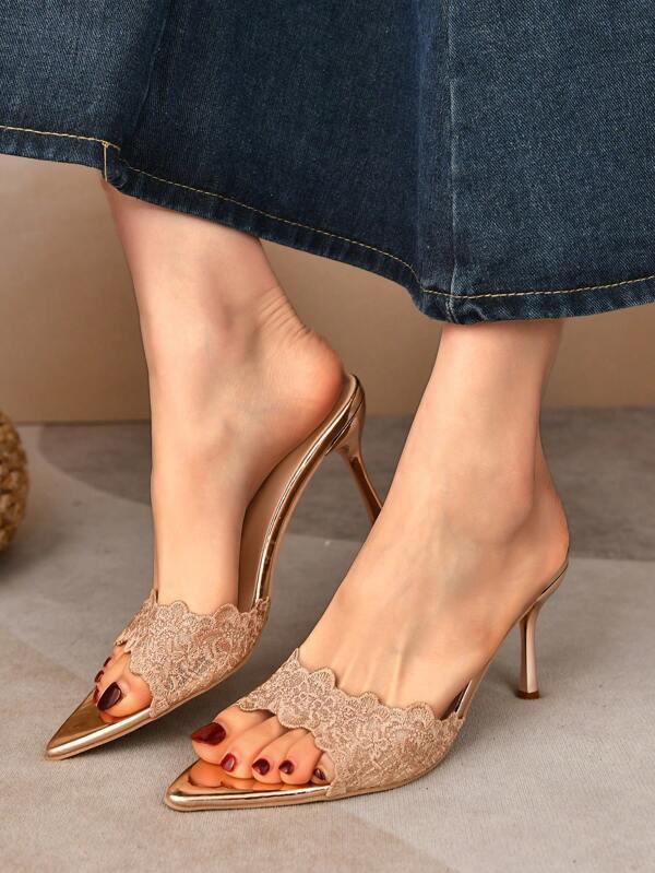 2024 Summer New Pointed Toe Embroidered Stiletto Sandals, Sexy Lace Open Toe High Heels Women, Champagne