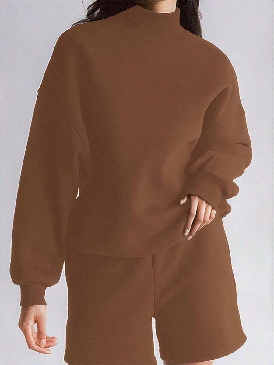 Ropa de mujer de dos piezas nuevo casual color sólido top de manga larga pantalones cortos sueltos suéter de moda - Marrón - Ver 1