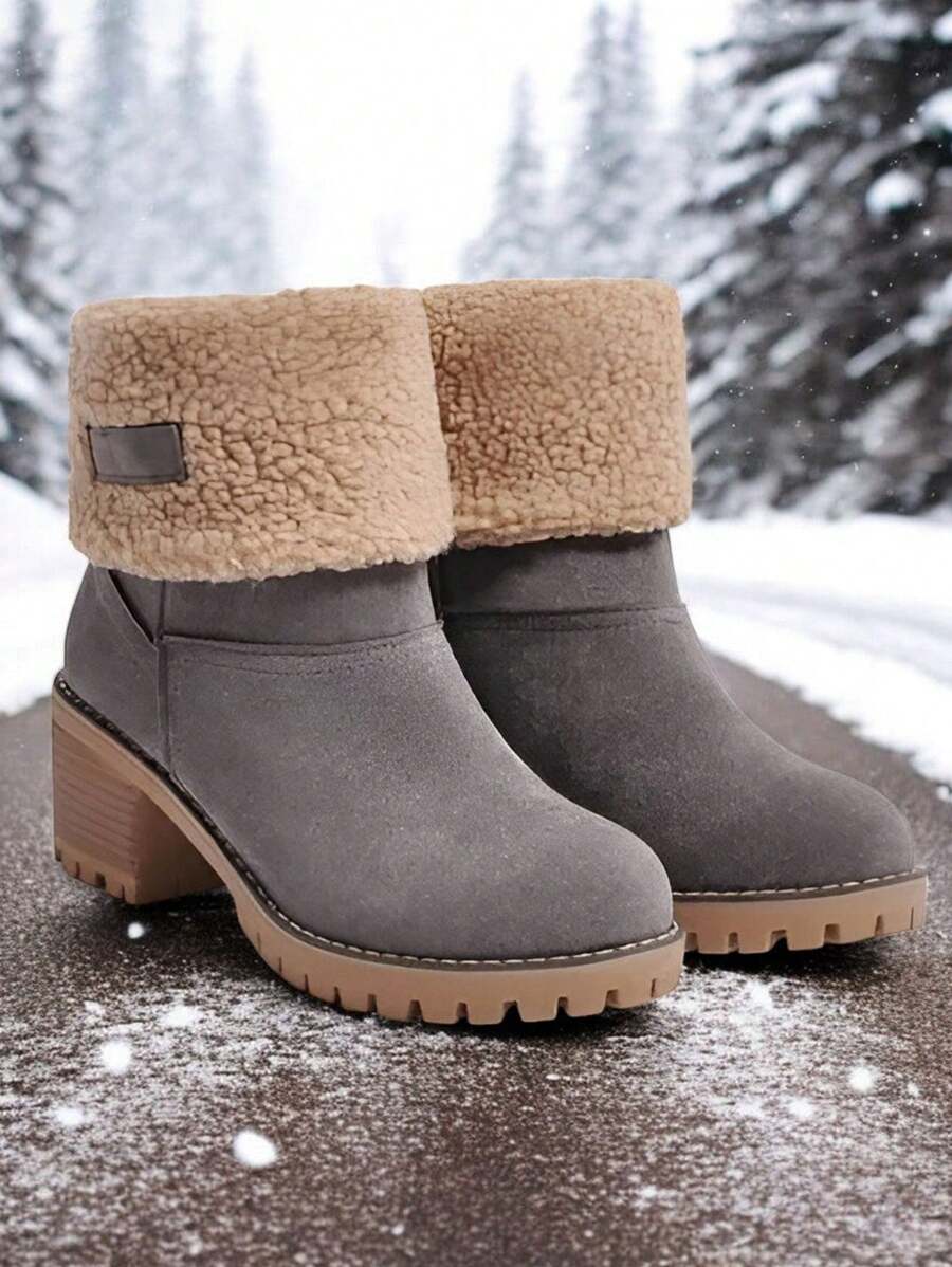 Winter Faux Fur Snow Boots For Women Platform Block Chunky Heels Pull On Comfortable Outdoor Suede Warm Boots - Xám - Xem 1