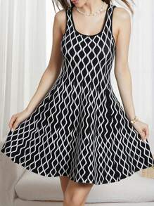 Women Summer Mini Tank Dress Sleeveless U Neck Pattern Print Cocktail Dress With Pockets - 黑色 - 查看 5