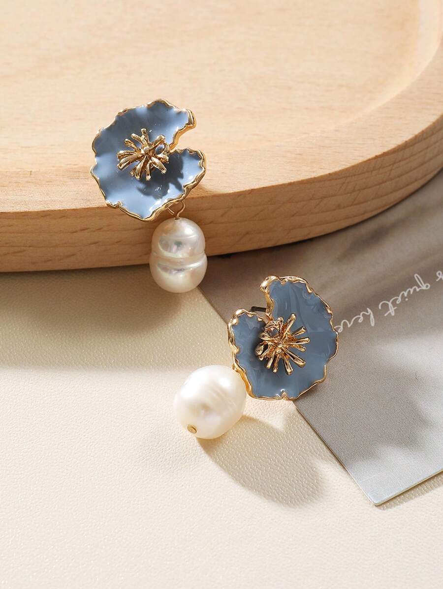 一对时尚欧美简约优雅蓝色花朵耳环,金色花蕊,天然养殖珍珠,低过敏性,适合女性日常佩戴,情人节、开斋节、送给女友、母亲、姐妹的礼物。 - 藍色 - 查看 1