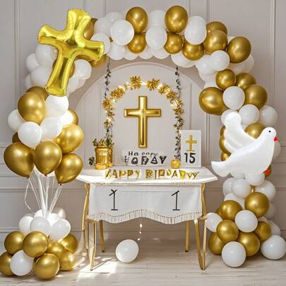 Set de 115pcs/120pcs/130pcs/5pcs de arco de globos de temática blanca y dorada, con globos de aluminio dorados con forma de cruz, adecuado para decoración de bodas, cumpleaños y aniversarios.