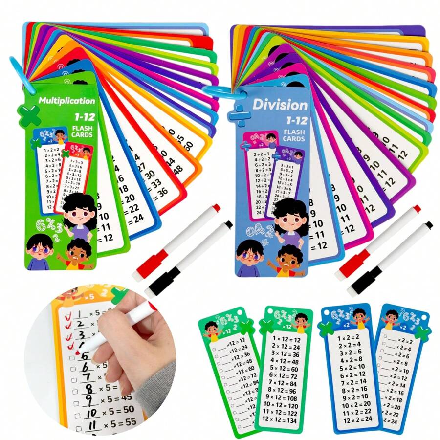 Fichas de matemáticas, juguete de aprendizaje divertido, práctica de suma, resta, multiplicación y división, 15 tarjetas de ejercicios con 2 bolígrafos borrables para desarrollar habilidades matemáticas