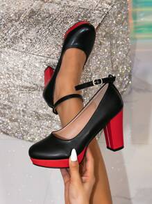 Fall/Winter Women's Fashion High Heel Platform Shoes, Round Toe Thick Heel Pumps, Red & Black, Suitable For All Seasons,Elegant