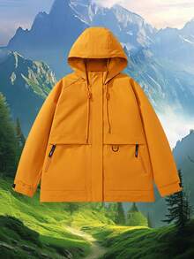 女士户外露营探险亮色连帽长外套，旅行骑行运动健身跑步春秋季时尚高街外套 - 橘色 - 查看 3