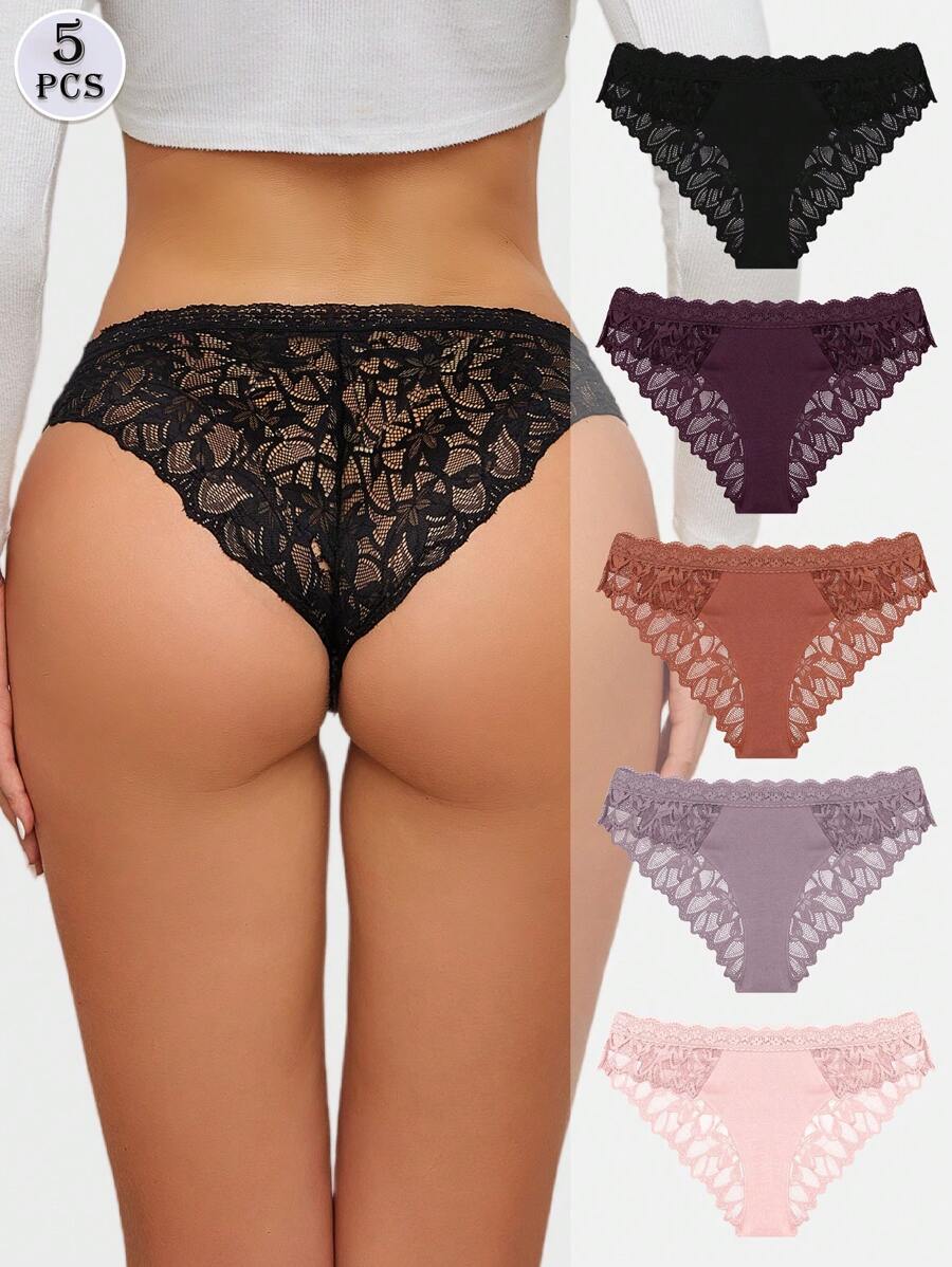 5 pièces/Paquet Culottes triangulaires sans couture en dentelle de couleur unie, sous-vêtements sexy et romantiques pour dames