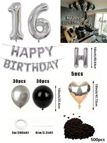 580pcs Black & Silver Balloon Garland Birthday Set, 40" Oversized Foil Number Balloons, Black Rose Petals, Suitable For Men & Women 16th, 18th, 20th, 21st, 25th, 30th, 35th, 45th Birthday Party Decorations