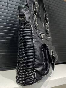 女款時尚復古手提包 Y2K 辣妹機車包 大容量多口袋斜挎包 哥德龐克風單肩包 - 黑色 - 查看 8