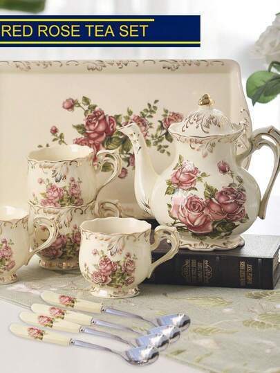 10-delars set, 1 bricka+1 tekanna+4 koppar+4 skedar keramiskt teset, europeisk vintagestil lyxig vattenkopp med rosenblomma 250 ml, ljusgul 800 ml tekanna, med skedset, för eftermiddagste, restaurang, vardagsrum tekopp tillbaka till skolan