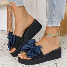 Women's Solid Color Sandals, Bowknot Decor Slip On Platform Beach Slides, Non-Slip Vacation Wedge Slides