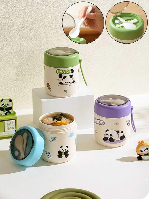 1 Pc Portable Lunch Box 500ml Portion Bento Box Snack Cup On The Go Leak-Proof 17oz Breakfast Cereal Overnight Oat Container Lunch Food Warmer Cartoon Soup Cup Insulated Containers Bento Lunch Box With Foldable Spoon Portable & Lightweight For Yogurt , Work, Travel, Gym - Dishwasher Safe,School Supplies