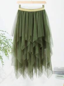 Women Fashion Midi Skirts Contrast Color/Solid Color Elastic High Waist Irregular Ruffles Multi-Layered Tulle Tutu Skirts - 綠色 - 查看 7