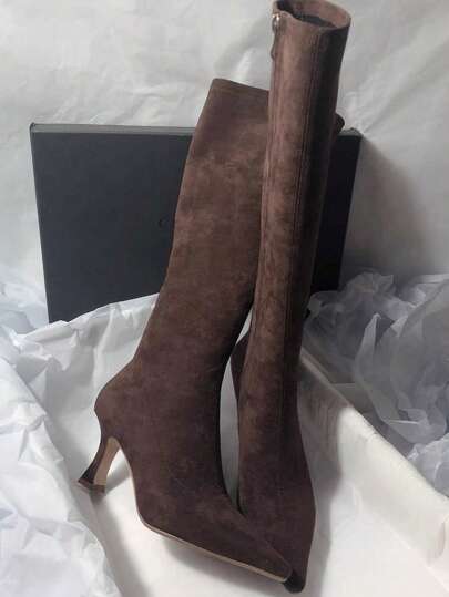 Fall/Winter 2025 Korean Version Minimalist Knee-High Boots, Elastic Suede Skinny Pointed Toe High Heel Boots With Side Zipper , Match With Dresses For Women