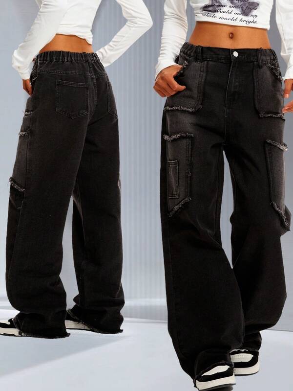 Calça jeans preta com design personalizado e perna reta para pré-adolescentes, calça jeans reta casual solta de cintura alta e perna larga