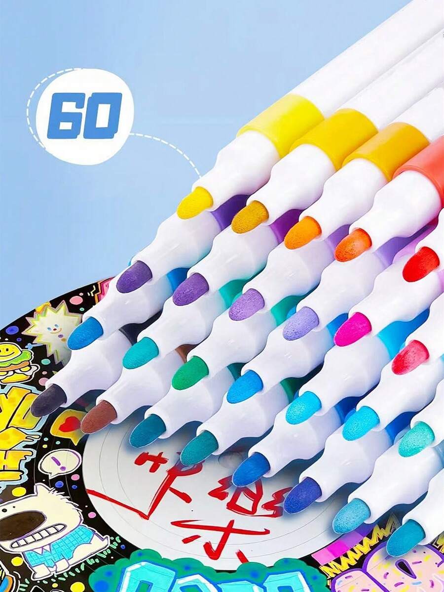 60 màu Acrylic Bút đánh dấu Với Tối giản Thiết kế , Thích hợp Đối với Trẻ em Vẽ Và Nghệ thuật , Không thấm nước , , Có thể giặt được , Lý tưởng Đối với Trẻ em DIY , Đối với Sử dụng