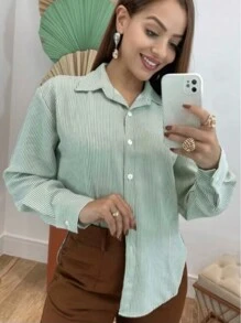 Women's Long Sleeve Formal T-Shirt In Duna Fabric, Size M, G, Gg, G1, G2, G3, Super Fashion Blouse - verde com branco - 查看 2