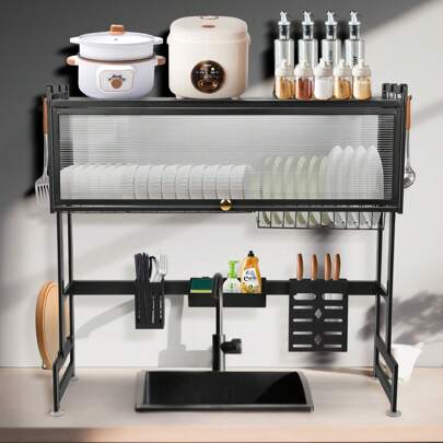 Escurreplatos, escurridor sobre fregadero, mueble para platos, longitud 85 cm, negro/blanco