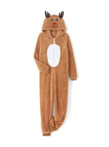 Women Reindeer Costume Christmas Cosplay Reindeer Long Sleeve Zip Up Plush Jumpsuit Pajamas - Khaki - View 3