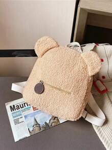 可定制名字刺绣幼儿园女孩背包，轻便学龄前可爱卡通防水毛绒双肩包，新款秋冬韩版时尚可爱熊耳朵背包返校冬季礼物创意男孩女孩情人节 - 米色 - 查看 4