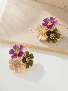 1 对彩色创意甜美花朵形状耳钉，优雅度假风格，情人节礼物 - 彩色的 - 查看 3