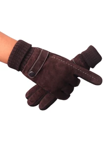 男士保暖内衬骑行手套，冬季保暖，厚 PU 皮革和毛皮，适合摩托车和山地运动，冬季暖手器