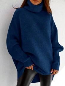 Womens Turtleneck Oversized Sweater Batwing Chunky Pullover Sweater Casual Fall Loose Knit Jumper Top - Màu xanh hải quân - Xem 4