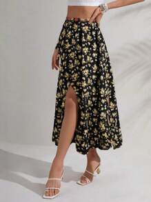 Falda de medio cuerpo con abertura estampada - Multicolor - Ver 2