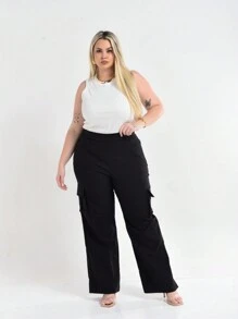 Women's Plus Size Flare Cargo Pants Lift Butt High Waist Foreign Style Fashion - 黑色 - 查看 2