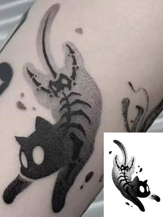 1pc Waterproof Temporary Tattoo In Ink-Style Skull & Black Cat Design, Sweat-Proof For Daily Use