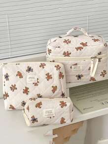 1Pc/Set Beige Striped With Cute Bear Lace Up Decorate Multi-Functional Storage Clutch With Zipper Closure For Cosmetics,Skin Care,Hand Cream,Lip Oil,Nail Polish,Mobile Phone,Headset,Sanitary Napkin,Coin,Small Items Elegant Ins Style Large Capacity Cosmetic Bag Portable Travel Makeup Bag Cosmetic Organizer Makeup Pouch Makeup Case Toiletry Bag Wallet Pouch Tampon Bag The Gift For Sister,Teacher And Friend Anniversary Gift Wedding Bridesmaid Gift Makeup Bags Makeup Organizer Make Up Organizer Makeup Storage Make Up Bag - Multicolor - View 2