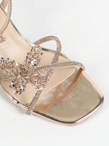 女士时尚水晶粗跟凉鞋，配水钻蝴蝶装饰，露趾休闲透气派对经典香槟色鞋 - 香檳色 - 查看 7